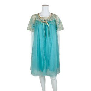 Vintage 60s Peignoir Set Aqua Blue Lace Nightgown Lingerie Boudoir